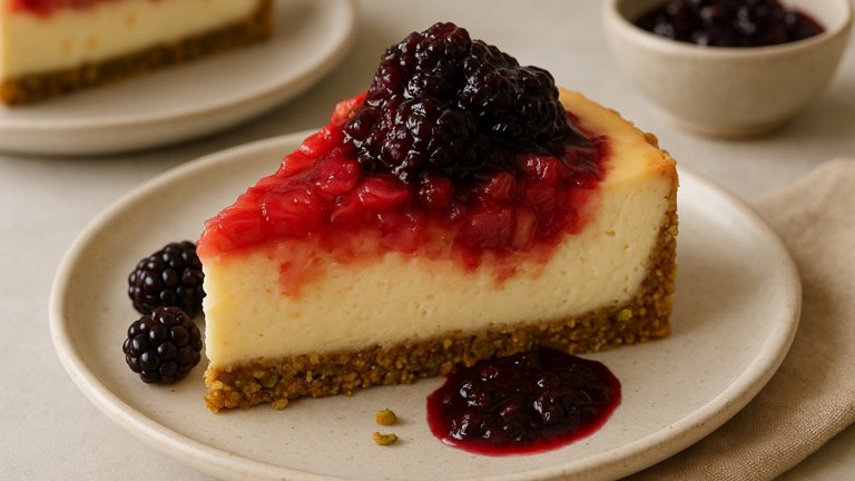 Rhubarb Cheesecake WITH Pistachio Crust AND Blackberry Compote