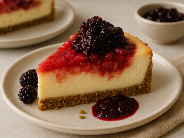 Rhubarb Cheesecake WITH Pistachio Crust AND Blackberry Compote
