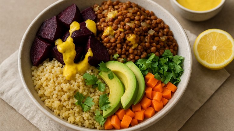 Roasted Beet & Spicy Lentil Bowl With Creamy Turmeric Dressing