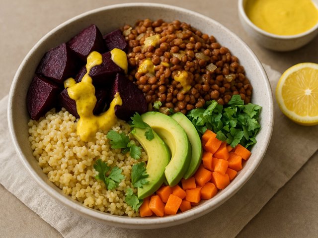 Roasted Beet & Spicy Lentil Bowl With Creamy Turmeric Dressing