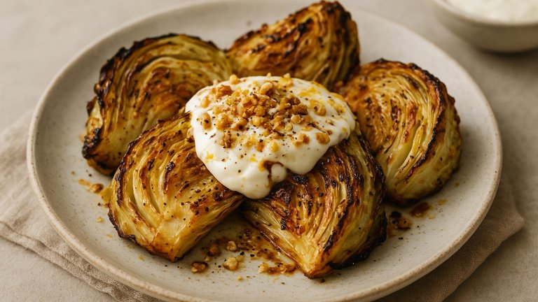 Roasted Cabbage Wedges WITH Yogurt Sauce
