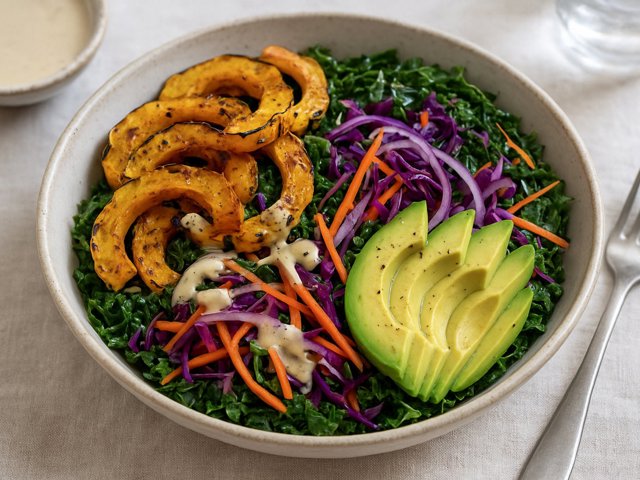 Roasted Delicata Squash & Kale Slaw Bowl With Lemon-Tahini Dressing