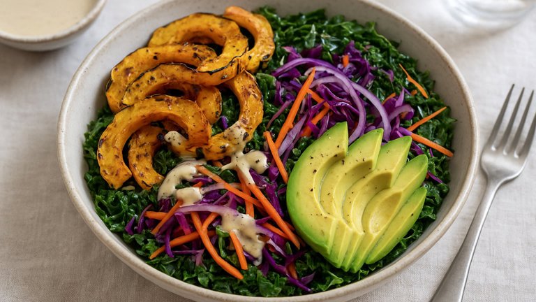 Roasted Delicata Squash & Kale Slaw Bowl With Lemon-Tahini Dressing