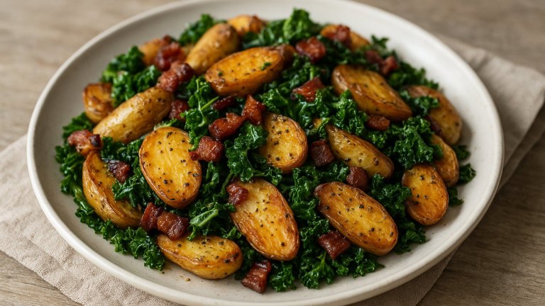 Roasted Fingerling Potatoes WITH Bacon AND Greens