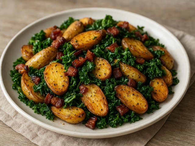 Roasted Fingerling Potatoes WITH Bacon AND Greens