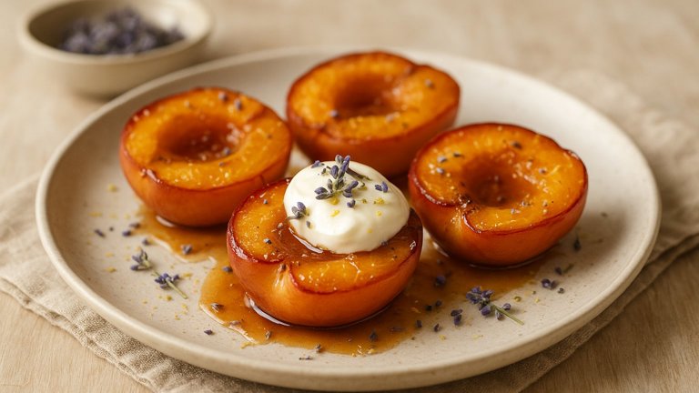 Roasted Peaches With Lavender Caramel And Crème Fraîche