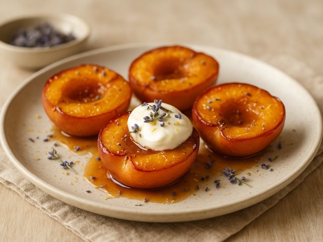 Roasted Peaches With Lavender Caramel And Crème Fraîche