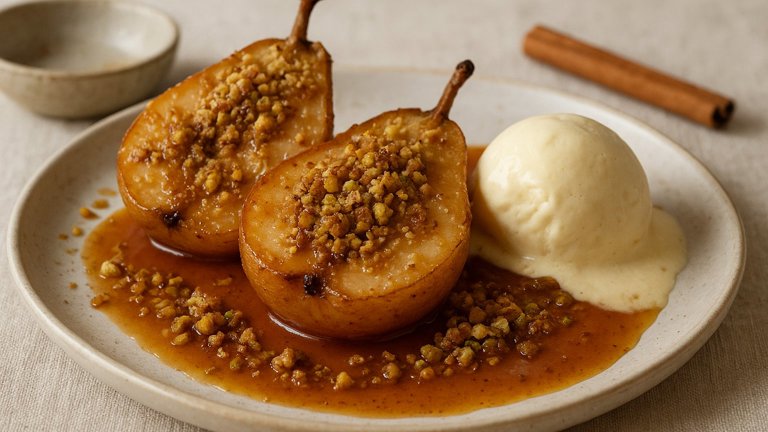 Roasted Pears In Almond Crumbs With Cinnamon-Brandy Caramel Sauce