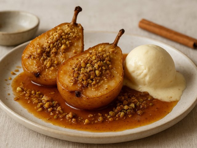 Roasted Pears In Almond Crumbs With Cinnamon-Brandy Caramel Sauce
