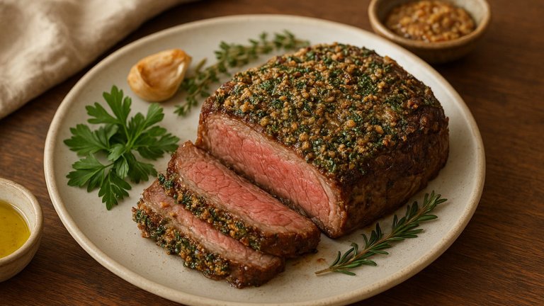 ROASTED RIB EYE with a HERB and GRAIN MUSTARD CRUST
