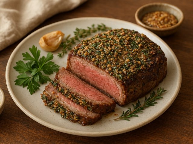 ROASTED RIB EYE with a HERB and GRAIN MUSTARD CRUST