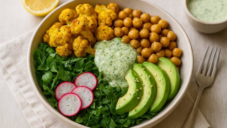 Roasted Turmeric Cauliflower & Garlicky Chickpea Bowl With Cucumber-Dill Dressing