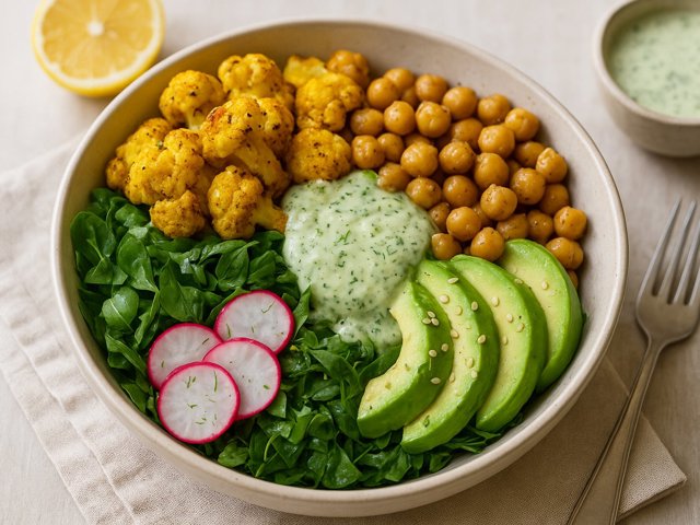 Roasted Turmeric Cauliflower & Garlicky Chickpea Bowl With Cucumber-Dill Dressing