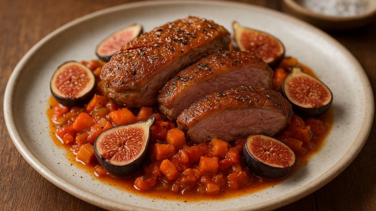 Rosemary And Fennel SEED Glazed DUCK With Sweet Potato Ragout And FIGS