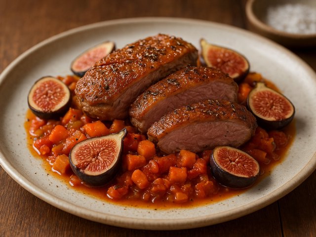 Rosemary And Fennel SEED Glazed DUCK With Sweet Potato Ragout And FIGS