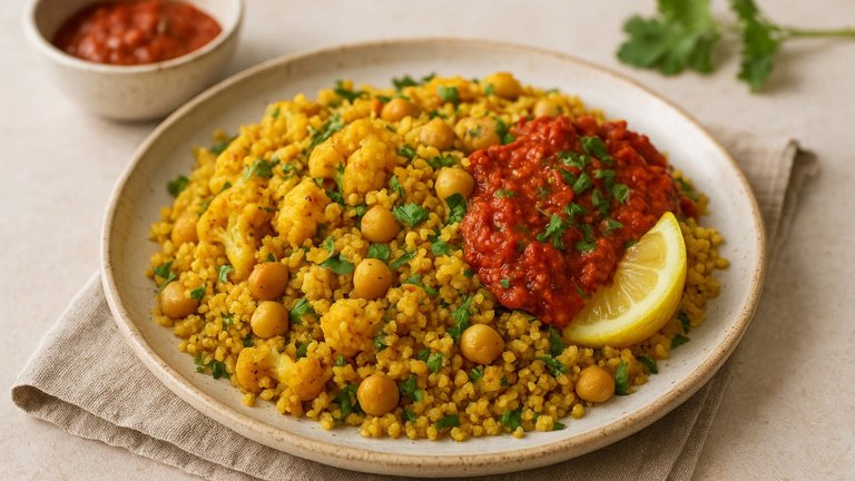 Saffron-Spiced Cauliflower Couscous With RED Pepper Chermoula