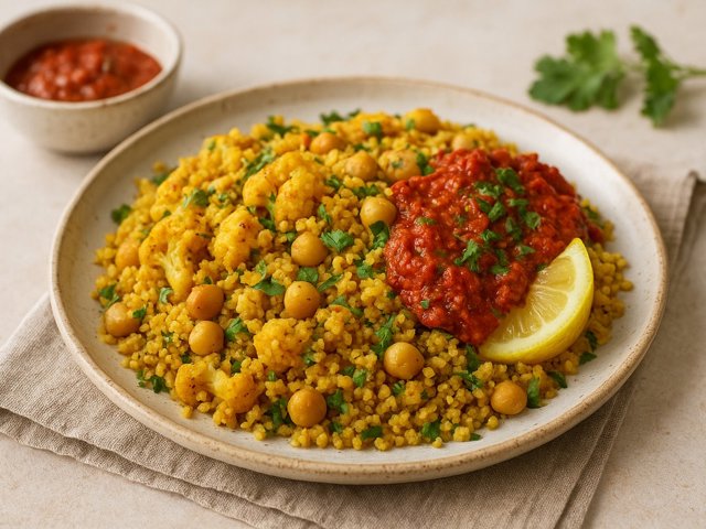 Saffron-Spiced Cauliflower Couscous With Red Pepper Chermoula