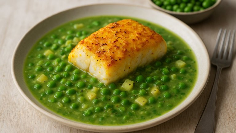 Saffroncrusted Baked COD With PEA And Lemongrass SOUP