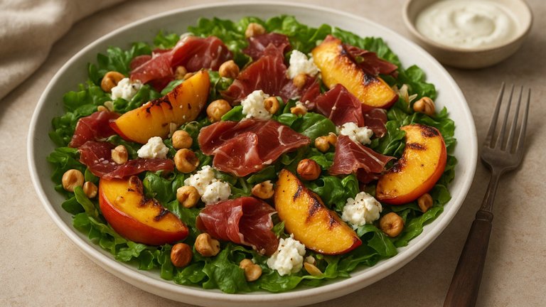 Salad OF Iberian HAM With Grilled Peaches, Hazelnuts And Goats’ Cheese Dressing