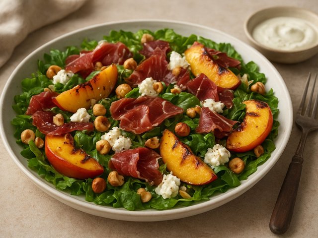 Salad OF Iberian HAM With Grilled Peaches, Hazelnuts And Goats’ Cheese Dressing