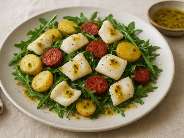 Salad Of Squid, New Potatoes, Chorizo And Rocket With Passion-Fruit Oil