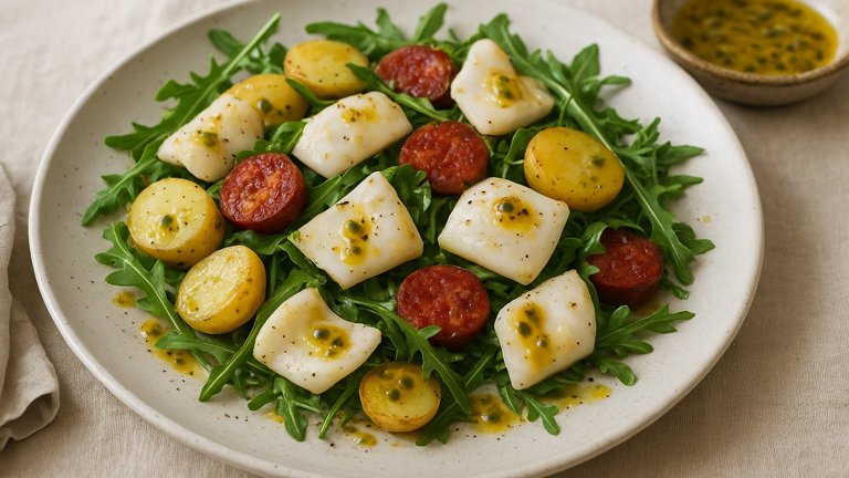 Salad OF Squid, NEW Potatoes, Chorizo And Rocket With Passion-Fruit OIL