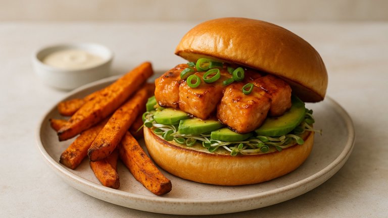 Salmon Burgers with Spiced Sweet Potato Fries