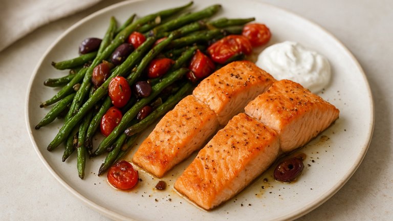 Salmon With Roasted Green Beans & Tomatoes