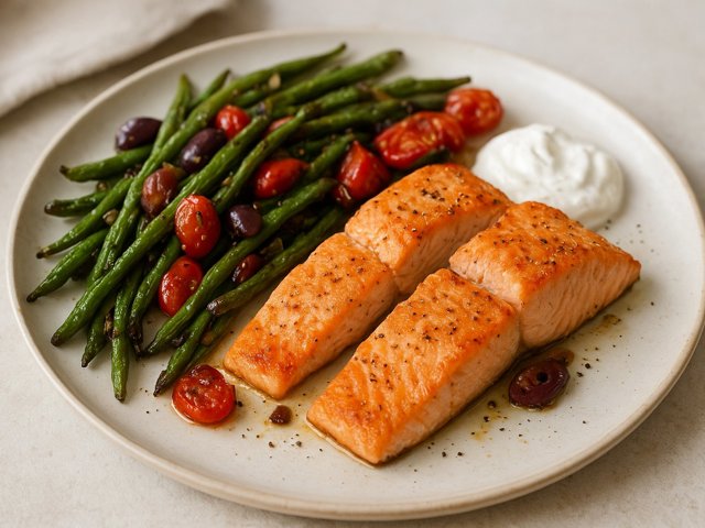 Salmon With Roasted Green Beans & Tomatoes