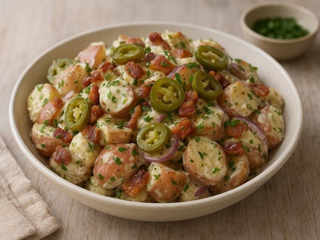 Salt-And-Vinegar Potato Salad With Pickled Jalapeños And Bacon Ends