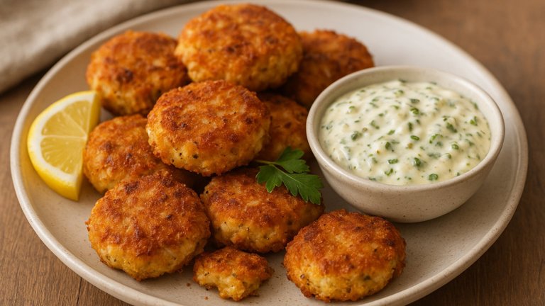 Saltine-Crusted Bite-Size CRAB Cakes WITH Jalapeño Tartar Sauce