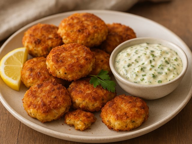 Saltine-Crusted Bite-Size CRAB Cakes WITH Jalapeño Tartar Sauce