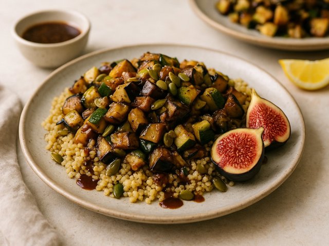 Sautéed Eggplant & Millet Bowl With Fig-Balsamic Vinaigrette