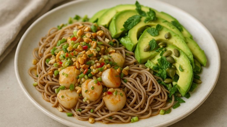 SCALLOP CEVICHE WITH NOODLES & AVOCADO SALAD