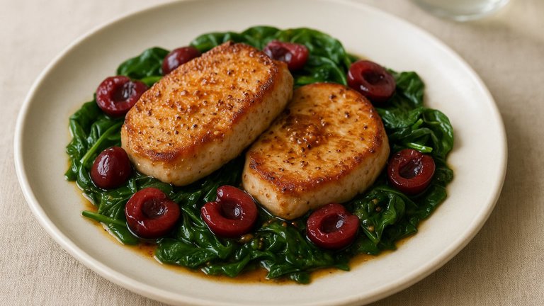 Seared Pork Chops With Cherries & Spinach