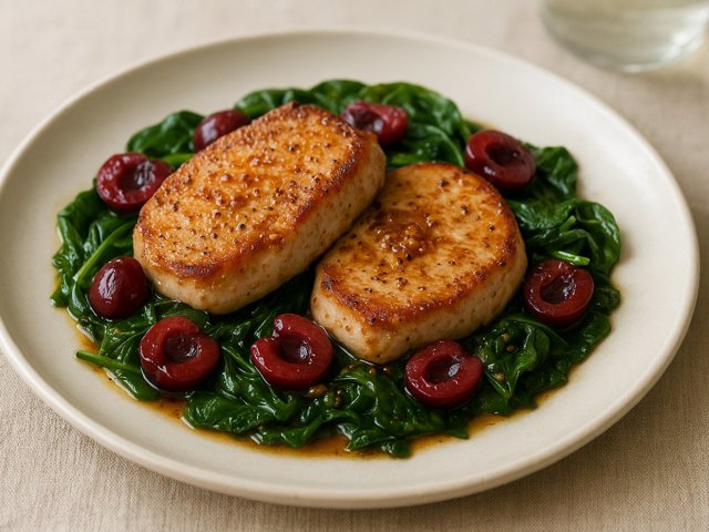 Seared Pork Chops With Cherries & Spinach