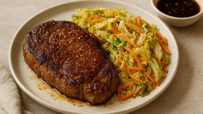 Seared Rib-Eye Steak: With Wilted Napa Cabbage