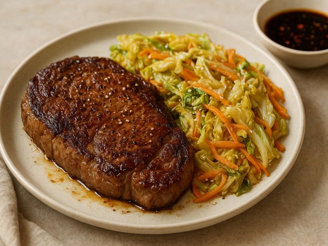 Seared Rib-Eye Steak: With Wilted Napa Cabbage