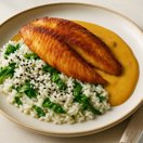 Seared Tilapia & Creamy Curry Sauce with Sesame & Bok Choy Rice thumbnail