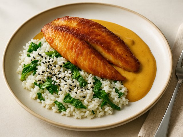 Seared Tilapia & Creamy Curry Sauce with Sesame & Bok Choy Rice thumbnail