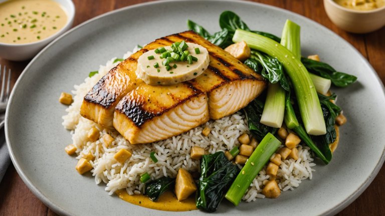 Seared Tilapia & Creamy Curry Sauce with Sesame & Bok Choy Rice