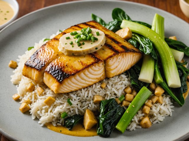 Seared Tilapia & Creamy Curry Sauce With Sesame & Bok Choy Rice