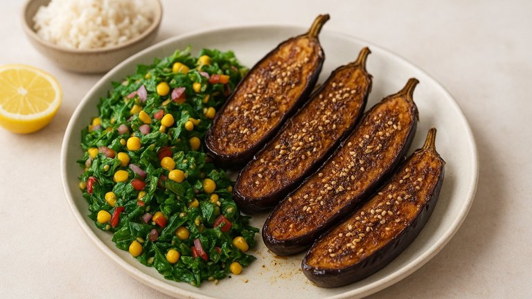 SESAME AUBERGINES WITH KERALAN SPINACH & SWEETCORN SALAD