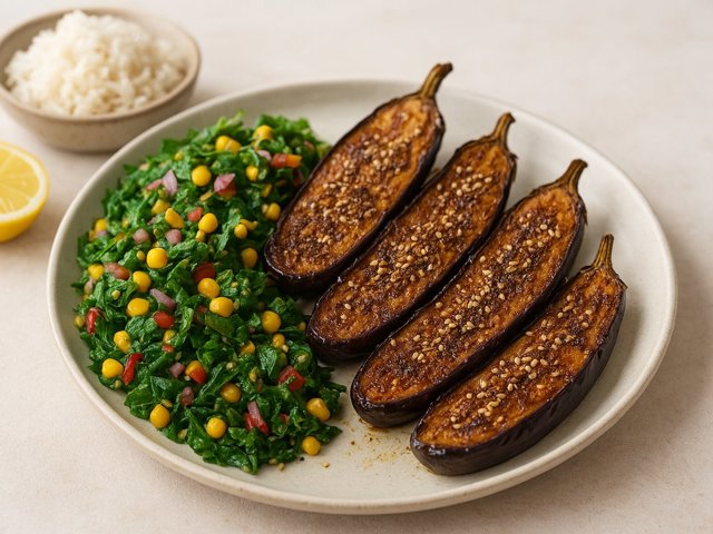 Sesame Aubergines With Keralan Spinach & Sweetcorn Salad