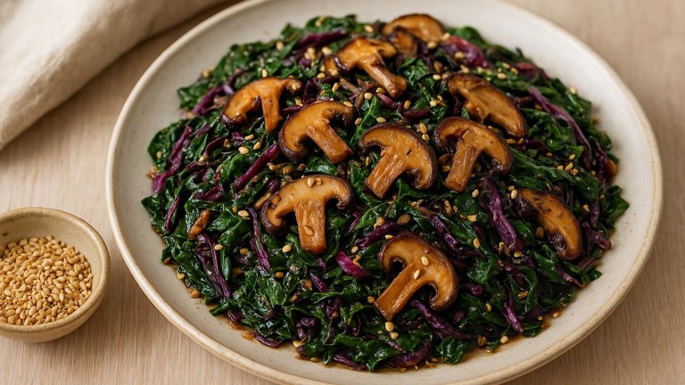 Sesame Greens With Roasted Shiitakes