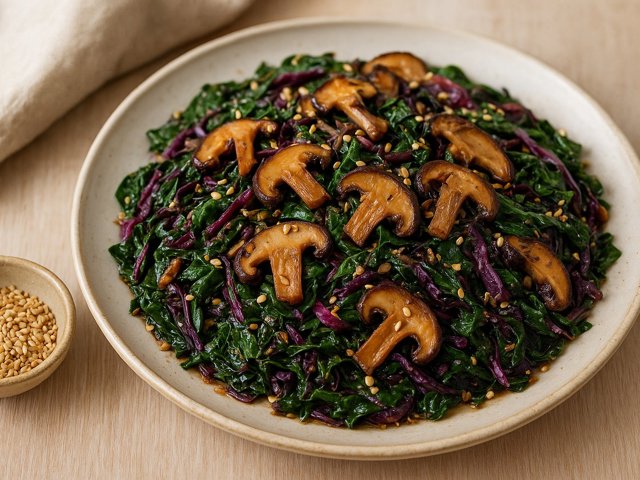 Sesame Greens With Roasted Shiitakes