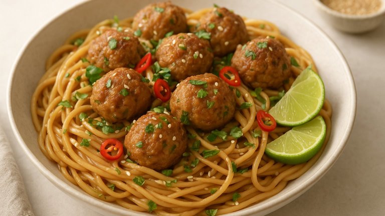 Sesame-Peanut Noodles & Meatballs