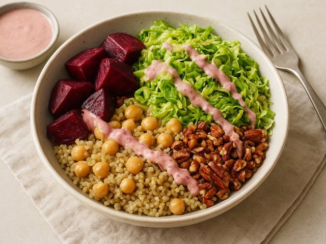 Shaved Brussels Sprout & Roasted Beet Bowl With Cranberry-Tahini Dressing