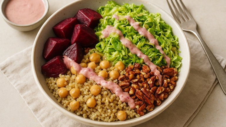 Shaved Brussels Sprout & Roasted Beet Bowl with Cranberry-Tahini Dressing