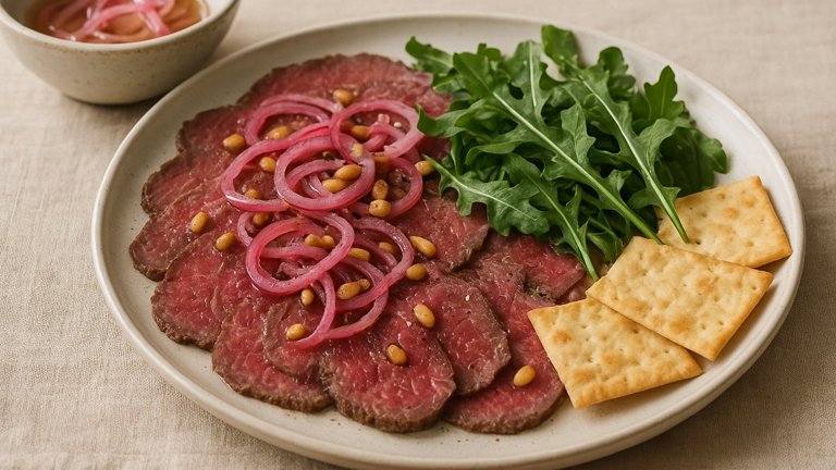 Shaved Steak Carpaccio WITH Pickled Onions, PINE Nuts, AND Arugula